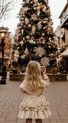 Wall Mural - A little girl standing in front of a christmas tree