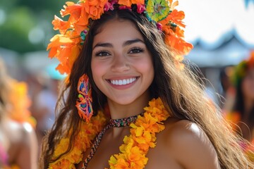 Wall Mural - Young woman smiling and wearing orange flower crown