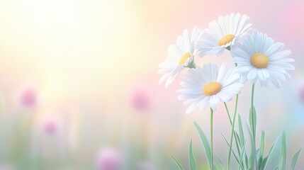 Wall Mural - A close up of a field of white daisies with a pink background
