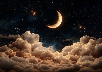 Wall Mural - a large moon is in the sky above a cloudy night. the moon is surrounded by stars