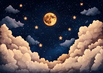 Wall Mural - a drawing of a moon and stars in the sky. the moon is in the middle of the sky and surrounded by sta