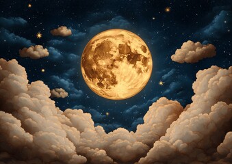 Wall Mural - a large yellow moon is in the sky above a cloudy night. there are many stars in the sky