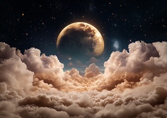 Wall Mural - a large moon is in the sky above a cloudy sky. the moon is surrounded by stars. the sky is mostly cl