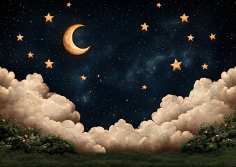 a painting of a night sky with a large moon and many stars. the stars are scattered throughout the s