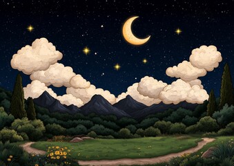 Wall Mural - a drawing of a mountain range with a large moon in the sky. the moon is surrounded by stars