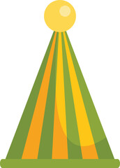 Poster - Green and yellow striped party hat standing on white background, festive accessory for birthday celebration