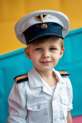 Cute child with the profession of Captain with his Captain's Hat on a colored background. Space for text