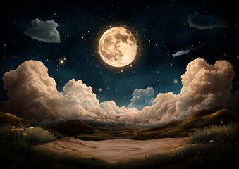 Wall Mural - a large moon is in the sky above a field. the sky is cloudy and the moon is the only bright object