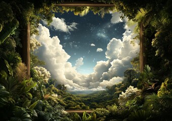 a forest scene with a large tree in the foreground and a large tree in the background. the sky is cl