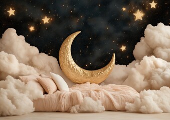 Wall Mural - a bed with a gold moon on it. the bed is surrounded by clouds. there are stars in the background