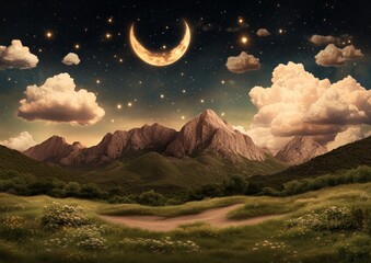 Wall Mural - a mountain range with a large crescent moon in the sky. the moon is surrounded by stars