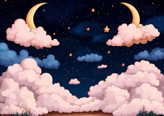 Wall Mural - a drawing of a night sky with two large crescent moons and many stars. the sky is filled with fluffy