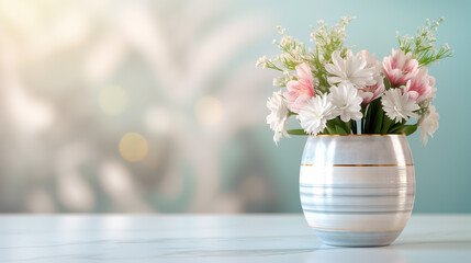 Wall Mural - This serene display features a variety of delicate flowers gracefully arranged in a stylish white vase, complemented by a softly blurred background, evoking tranquility