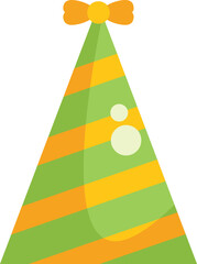 Wall Mural - Festive green and orange striped party hat with a yellow bow, capturing the joy and excitement of celebrations