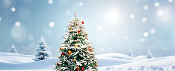 Wall Mural - christmas tree decorated with red and yelloq balls in forest in snowdrifts in snowfall on nature out
