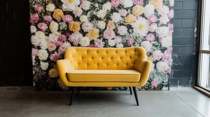 Canvas Print - A yellow chair sitting in front of a wall with flowers