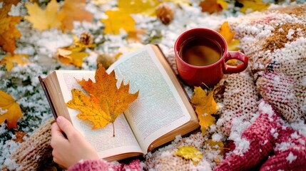 Canvas Print - A person holding a cup of coffee and an open book