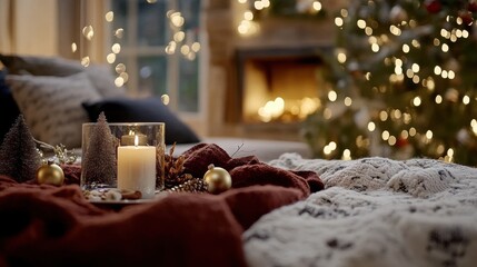 Poster - A lit candle sitting on a bed in front of a christmas tree