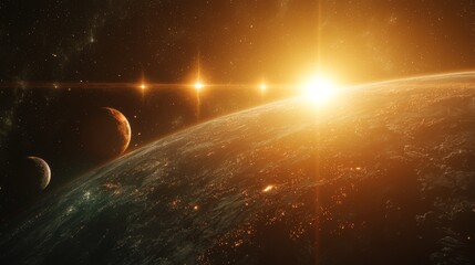 Wall Mural - a distant star system with multiple suns casting different colors on the planets