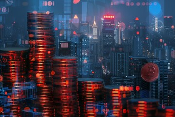 Double exposure of coins stack with graph chart and night cityscape. Economic, business, financial and stock market growth concept.