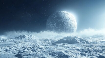 Wall Mural - a frozen exoplanet orbiting a distant sun, covered in ice and snow