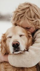 a child hugging a dog in the snow