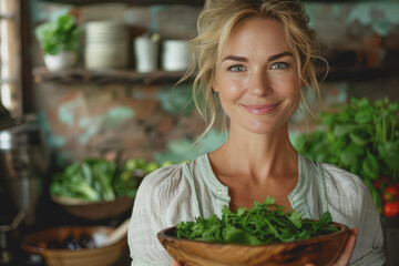 Wall Mural - A healthy woman with sparkling eyes holds a wooden bowl with green herbs in her hand.