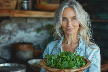 Wall Mural - A healthy woman with sparkling eyes holds a wooden bowl with green herbs in her hand.