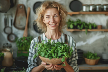 Wall Mural - A healthy woman with sparkling eyes holds a wooden bowl with green herbs in her hand.