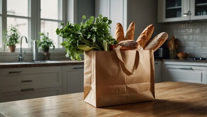 Paper shopping bag with different fresh healthy food on white background, flat lay.