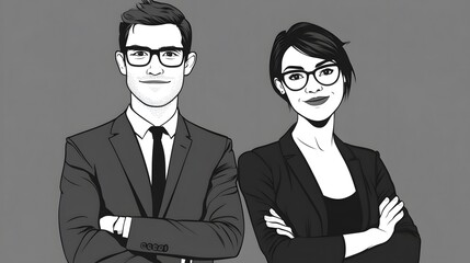 Cartoon-style depiction of two office workers standing next to each other with arms crossed and smiling