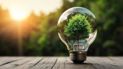 Green Tree Inside Light Bulb on Wooden Surface with Blurry Forest Background