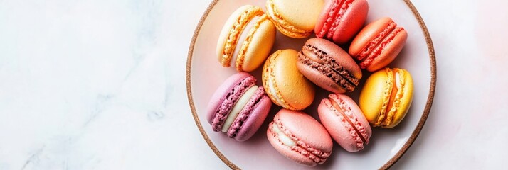 Colorful macarons arranged on a pastel plate, adorned with delicate decorations, creating a vibrant and inviting dessert display