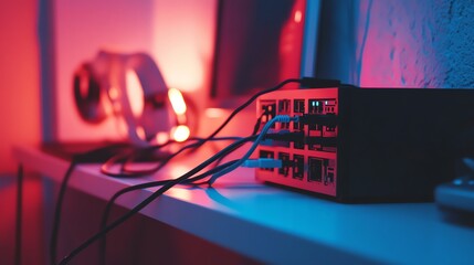 A close-up shot of a computer tower on a desk with lots of cables.