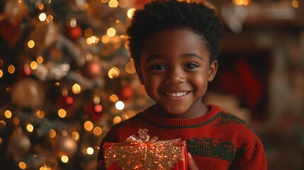 A joyful African-American boy enjoying Christmas while holding a wrapped gift by the tree