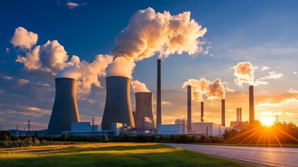 Power Plant Smoke Stacks at Sunset with Sun Rays