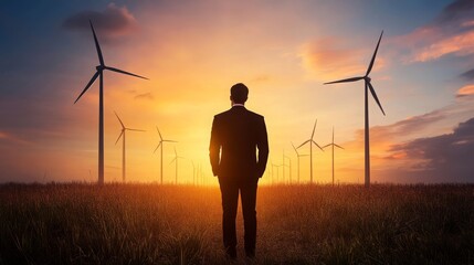 Businessman Walking Towards Wind Turbines at Sunset