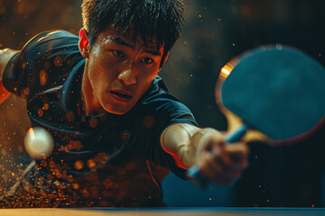 Dynamic close up shot of determined table tennis player, capturing intense moments of concentration and skill during match, symbolizing focus and precision of competitive sports