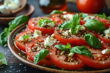 Fresh Caprese Salad with Sliced Tomatoes, Basil, and Mozzarella - Perfect for Summer Dining