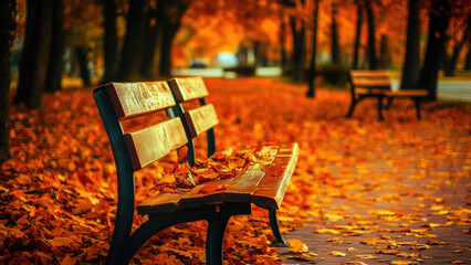 Empty park bench amidst autumn leaves in city park