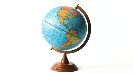 A blue globe with a brown stand sits on a white background.