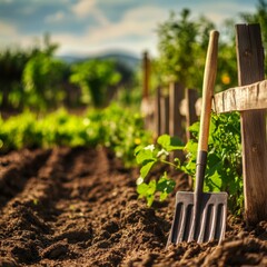 a close-up view of farming tools like a rake and a shovel resting against a wooden fence, with green