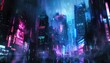© boler - Neon-lit cityscape with tall buildings and rainy atmosphere.
