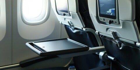 Close-up of a passenger seat on an airplane with a tray table and entertainment screen
