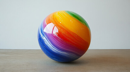 Vibrant Multicolored Ball with Rainbow Swirls, Bright and Eye-Catching Spherical Object on Neutral Background, Fun and Colorful Abstract Design