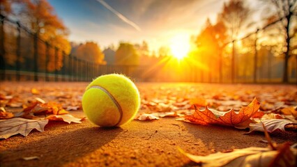 Sticker - A tennis ball lies on a court surrounded by autumn leaves, the warm golden glow of the setting sun illuminating the scene.