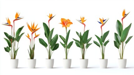 Collection of seven potted bird of paradise plants in various stages of bloom, isolated on white.