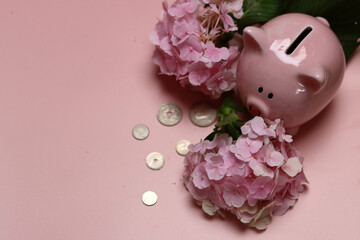 Pink piggy bank with coins and hydrangea flowers on pink background with space for text. Financial literacy concept. 