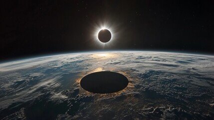 Wall Mural - a solar eclipse seen from space, with the moon shadow covering part of earth