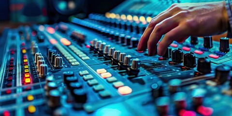 Music producer mixing tracks on a soundboard in a professional recording studio